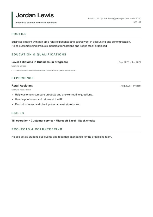 Complete fictional student CV in the Classic layout