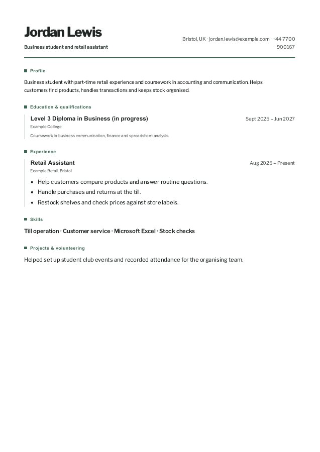 Complete fictional student CV in the Graduate layout