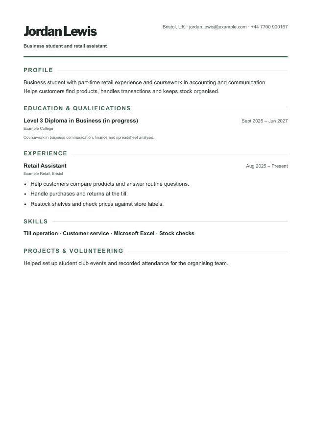 Complete fictional student CV in the Modern layout