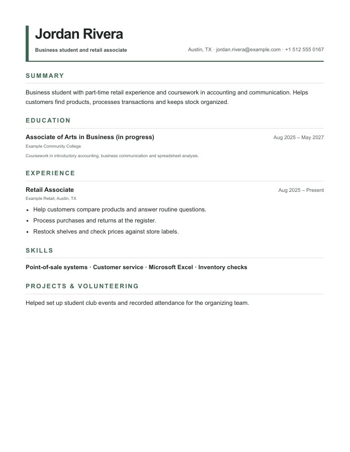 Complete fictional student resume in the Classic layout