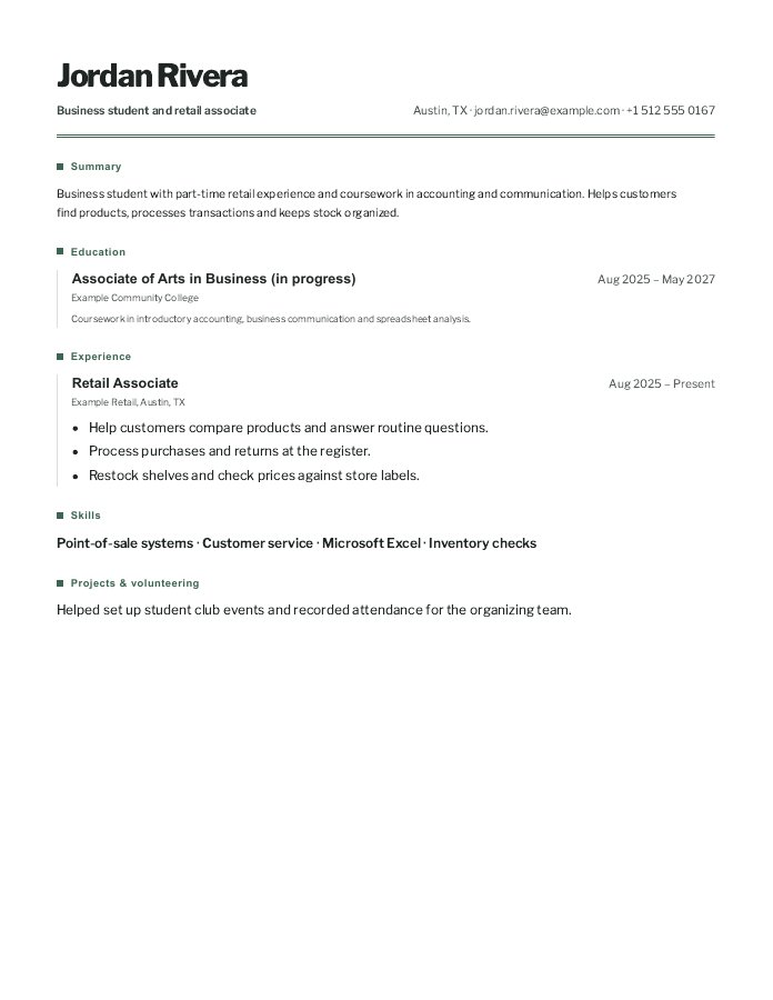 Complete fictional student resume in the Graduate layout