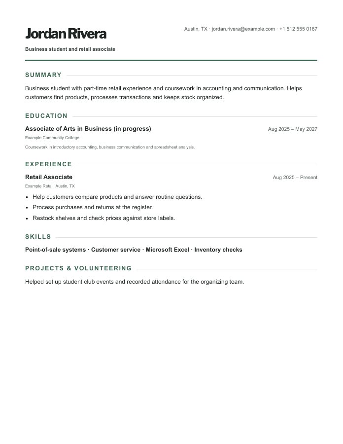 Complete fictional student resume in the Modern layout