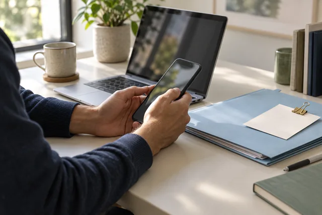 Hands holding a smartphone beside a laptop and a light blue document folder