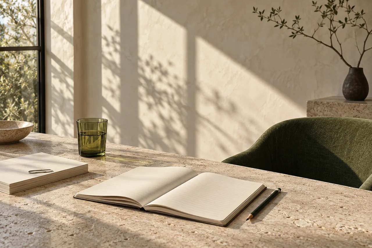 Sunlit workspace with a notebook and papers arranged for planning a job search