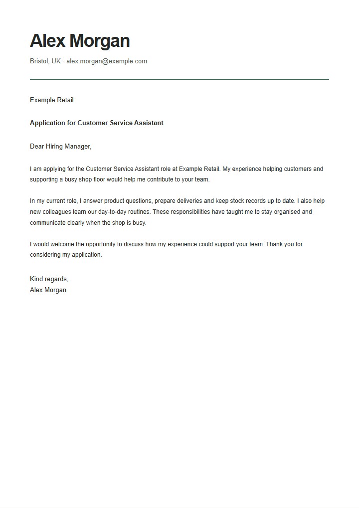 Matching fictional cover letter for a customer service role