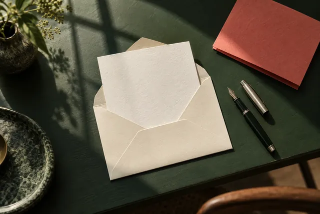 Blank letter paper and an open envelope on a dark green desk