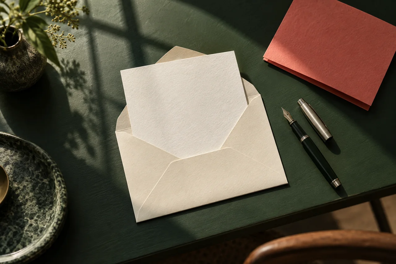 Blank letter paper and an open envelope on a dark green desk