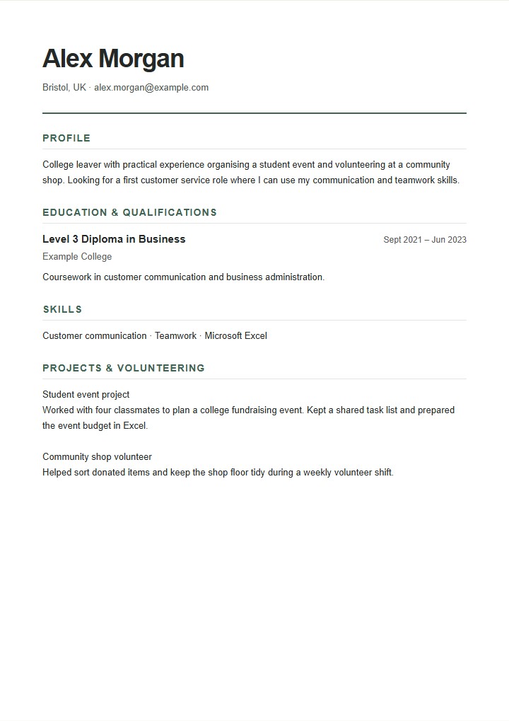 Fictional example of a first CV layout