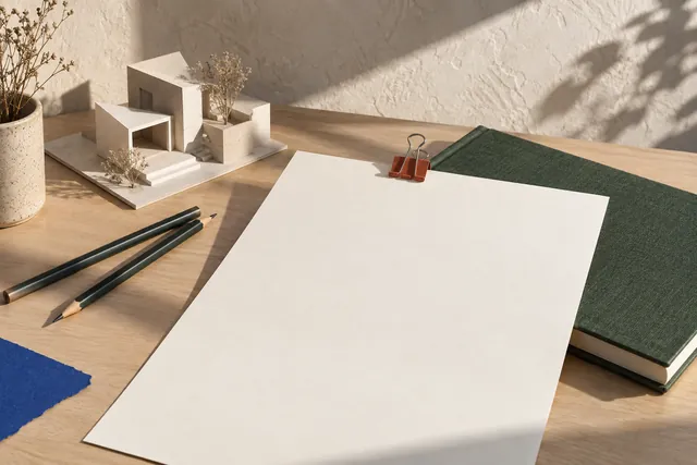 Blank paper, a green notebook and a small architectural model on a sunlit desk