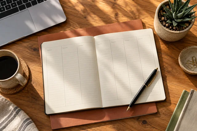 Weekly planner and pen beside a laptop, terracotta folder and succulent