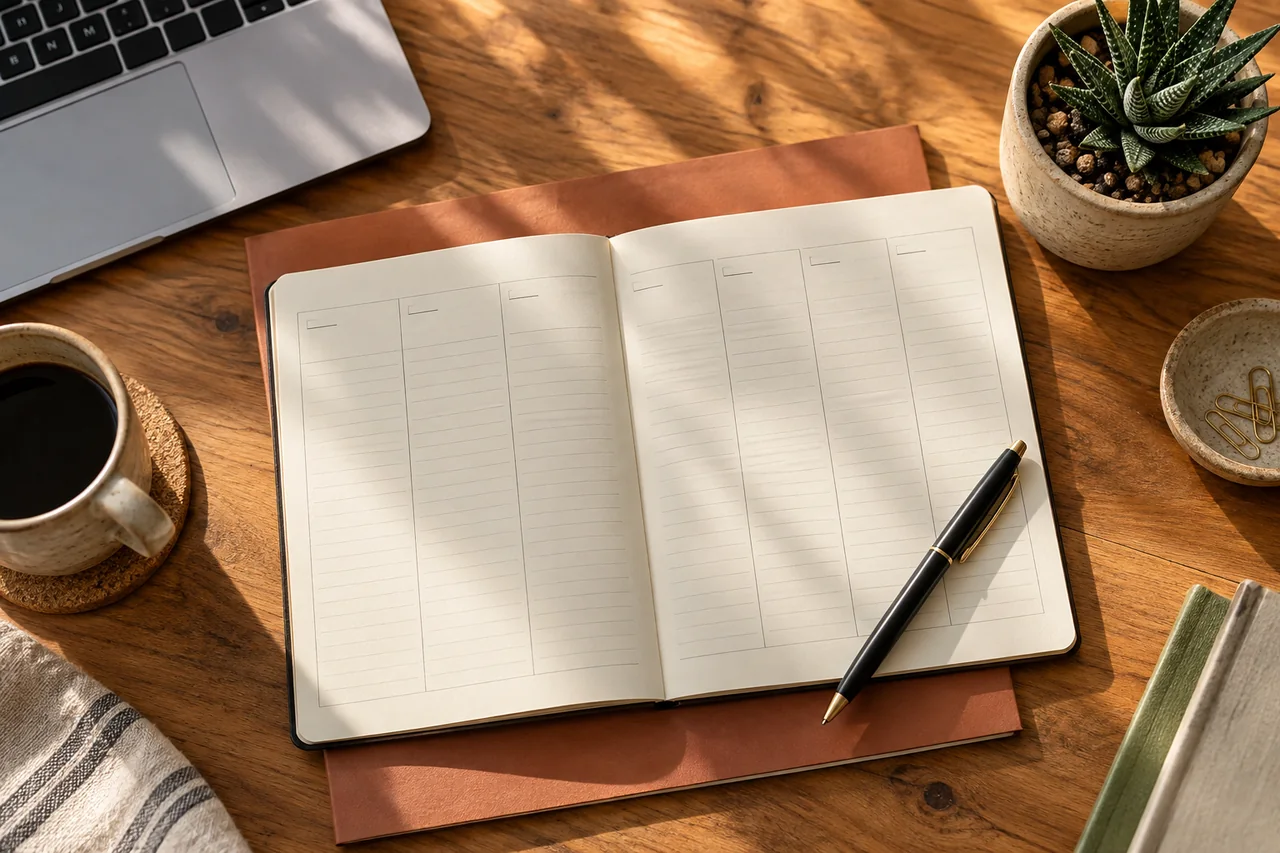 Weekly planner and pen beside a laptop, terracotta folder and succulent