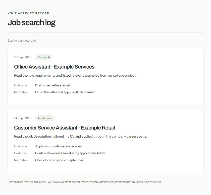 Fictional example of a work-search record