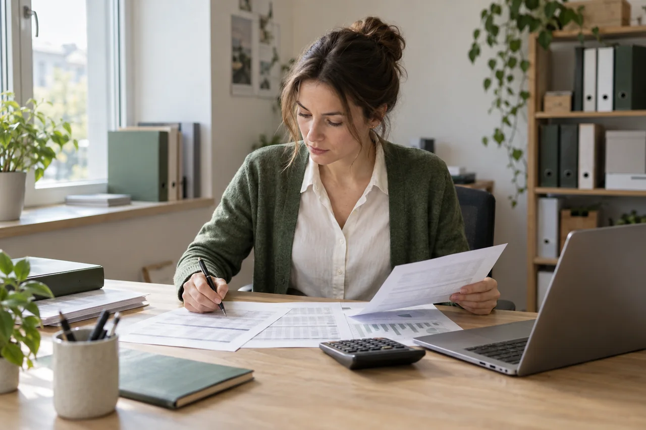 A person organising papers beside a laptop